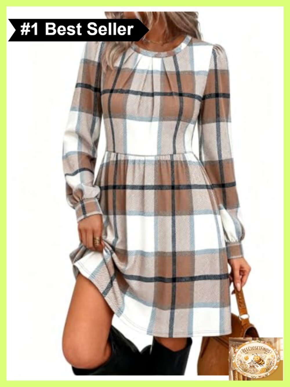 Womens Long Sleeve A-Line Pleated Puff Sleeve Pocket Dress